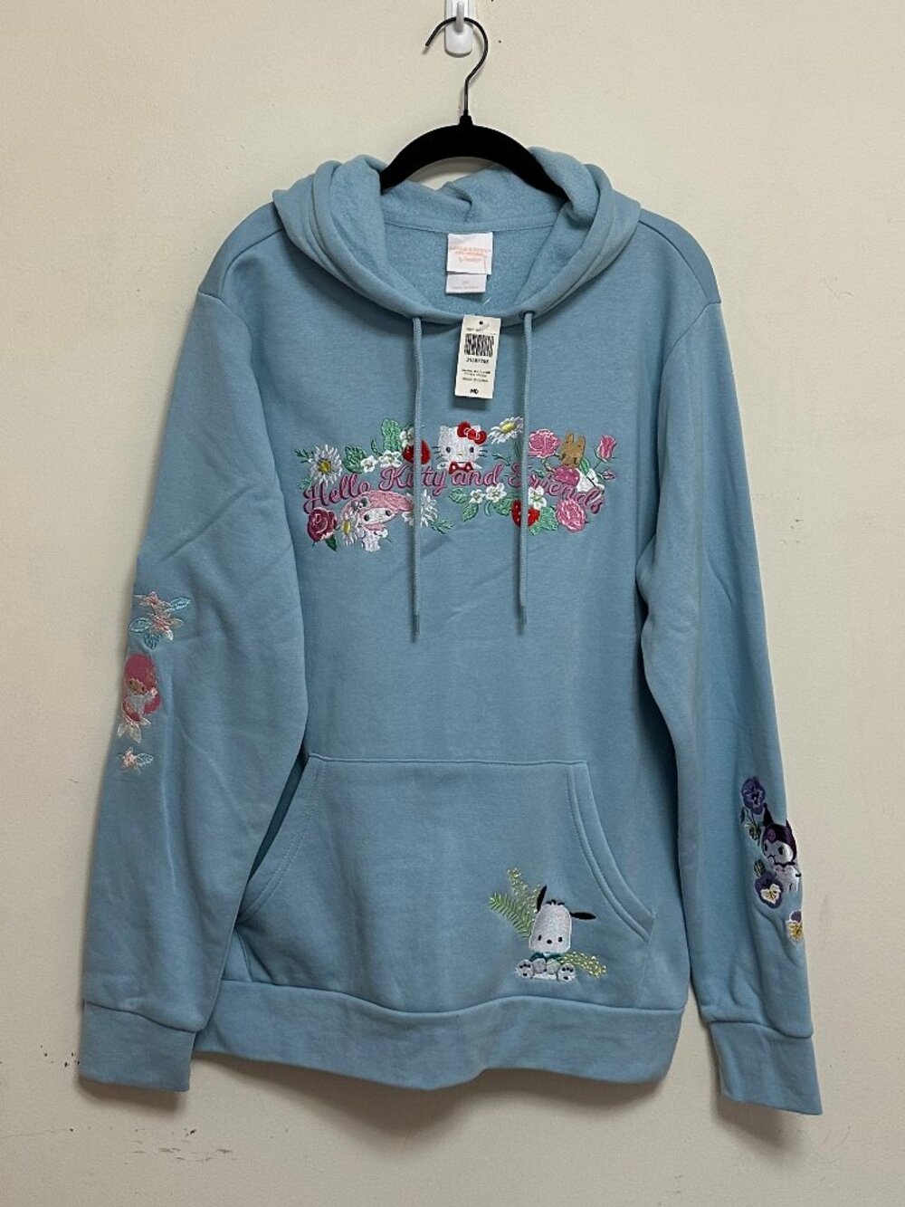 Sanrio Hello Kitty & Friends Floral Embroidered Blue Hoodie M NWT